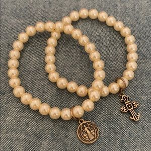 Religious theme faux Pearl stretch bracelets